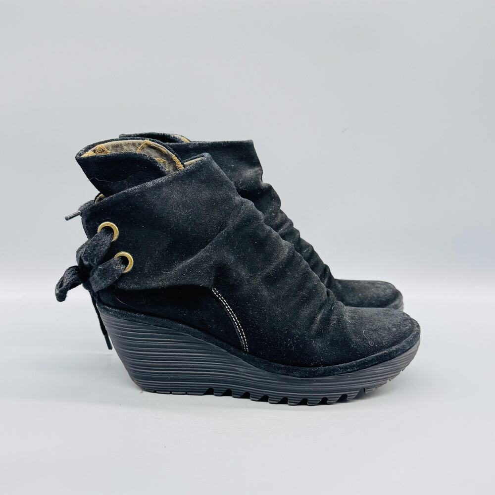 Fly London Boots Womens 6.5 Black Suede Wedge Ankle Booties Lace Back Heels